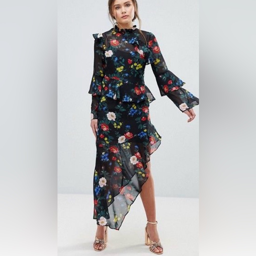 Miss Selfridge Floral, long sleeve midi asymmetrical flowy ruffle dress